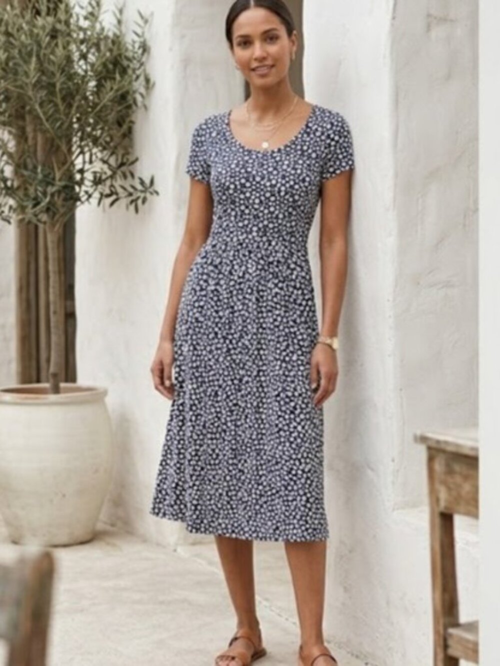 Boden Emmeline Navy White Heart Print Floral Midi Sheath Jersey Dress Size 10